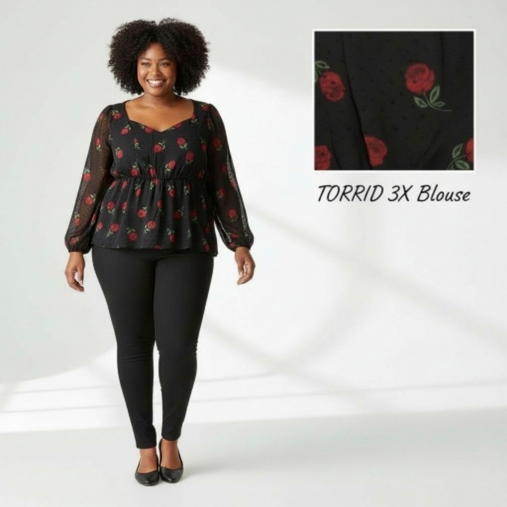 TORRID Plus Size 3X elegant chiffon clip dot floral Rose puff sleeve blouse